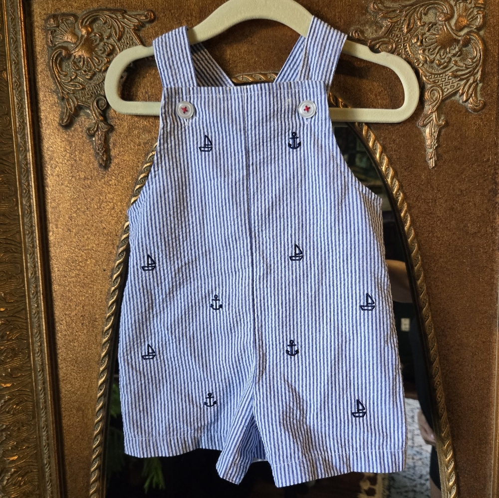 Starting Out Blue and White Seersucker Overalls Embroidered Nautical